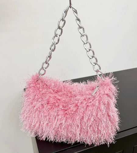 (Free Shipping) Plush Women's Hobos Underarm Bag Hot Girls Furry Clutch Shoulder Bag Luxury Faux Fur Female Fluffy Armpit Handbag