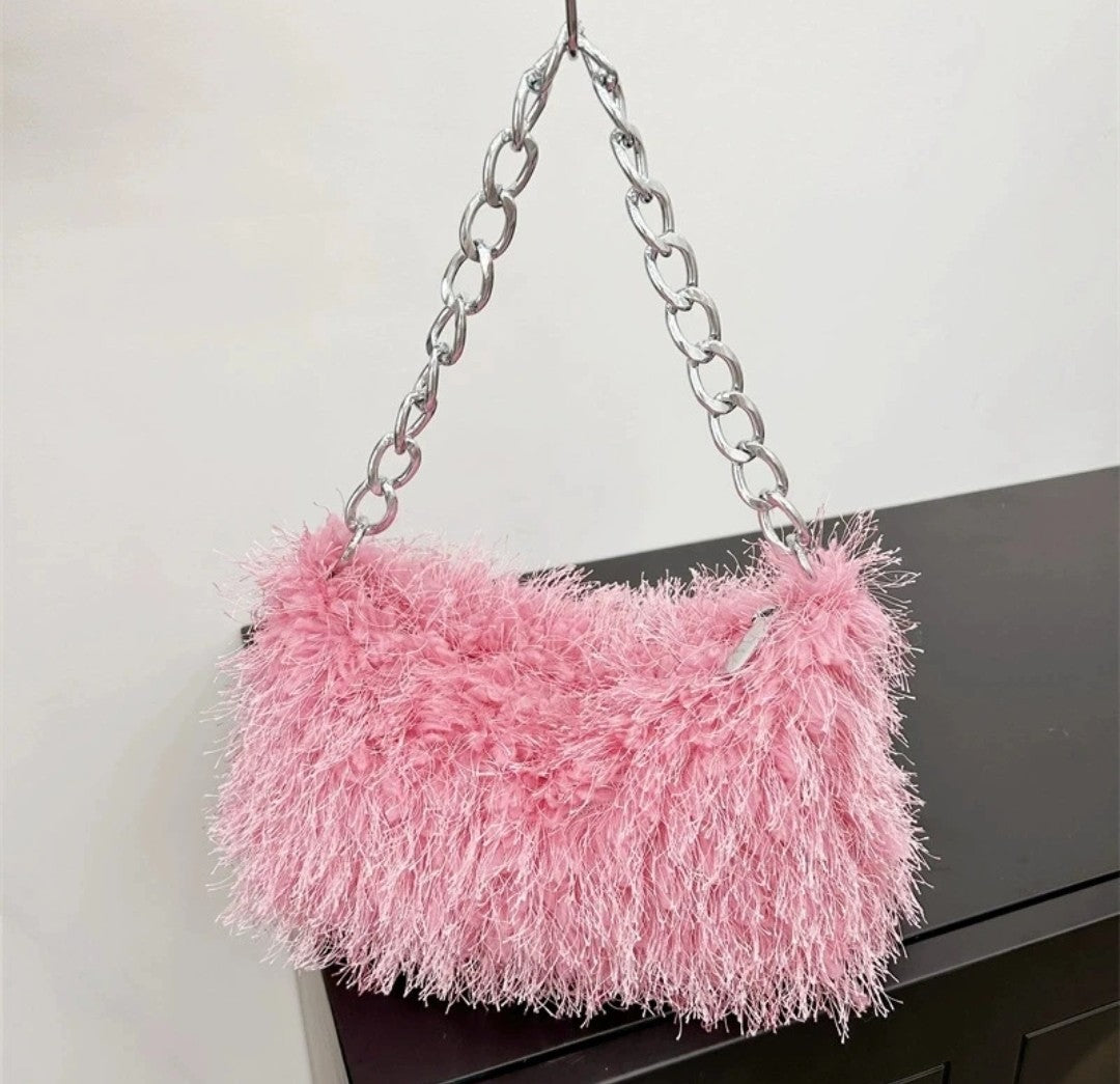 (Free Shipping) Plush Women's Hobos Underarm Bag Hot Girls Furry Clutch Shoulder Bag Luxury Faux Fur Female Fluffy Armpit Handbag