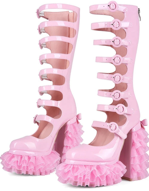 Load image into Gallery viewer, Cut Out Knee High Boots Women Buckle Thick Laced Platform Chunky Heels Back Zipper Long Patent Boots
