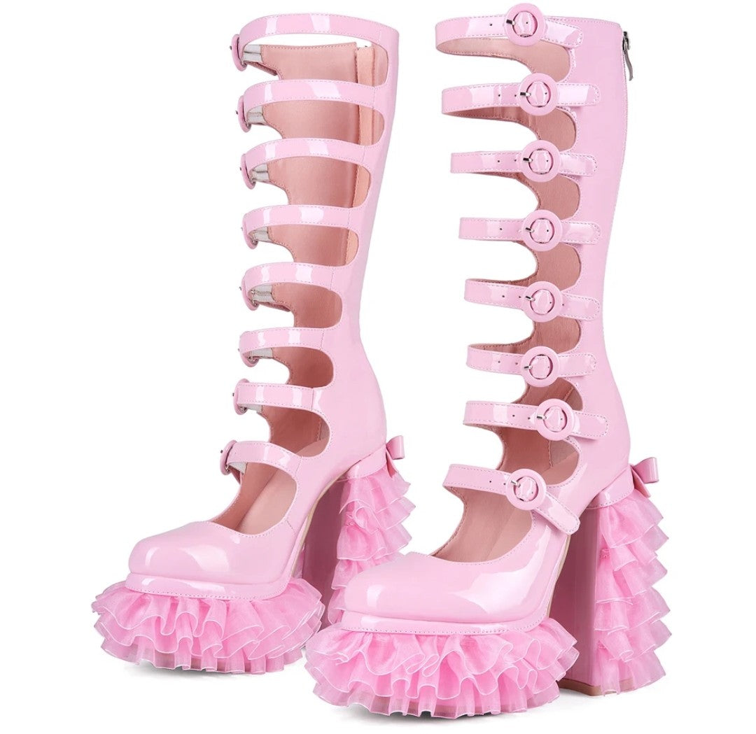 Cut Out Knee High Boots Women Buckle Thick Laced Platform Chunky Heels Back Zipper Long Patent Boots