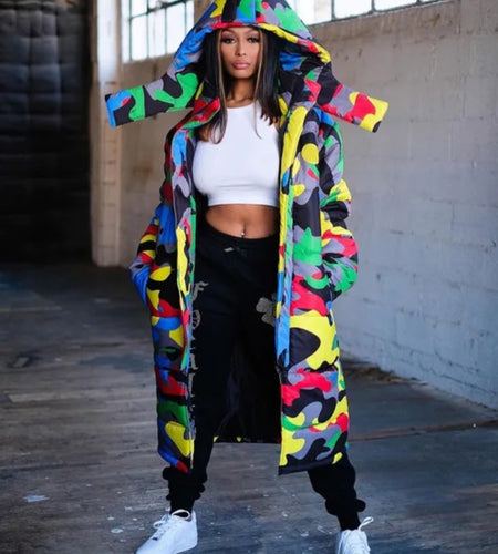 (Free Shipping)(Tariffs included in price) Winter Down Puffer Jacket Print Camo Bomber Bubble Coat Bubble Long Down Jacket Ladies