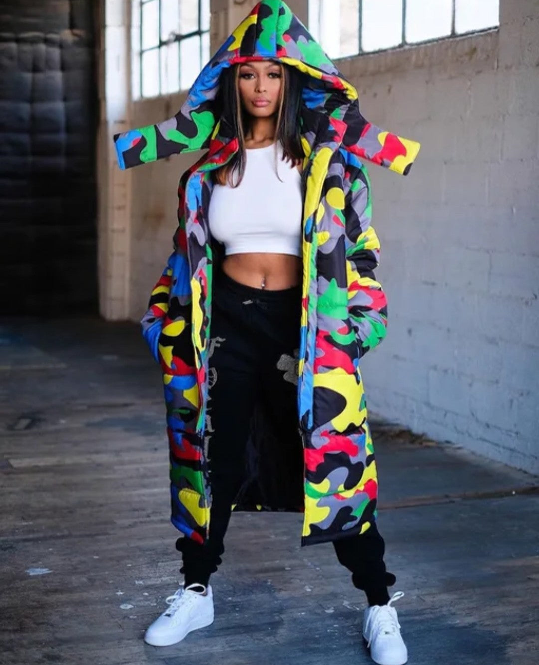 (Free Shipping)(Tariffs included in price) Winter Down Puffer Jacket Print Camo Bomber Bubble Coat Bubble Long Down Jacket Ladies