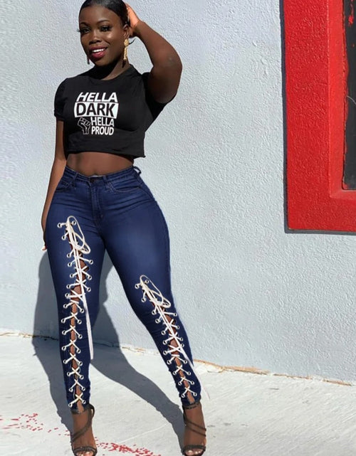 Load image into Gallery viewer, (Free Shipping)(Tariffs included in price) High waist plus size woman jeans eyelet bandage fashion tiny leg women skinny jeans
