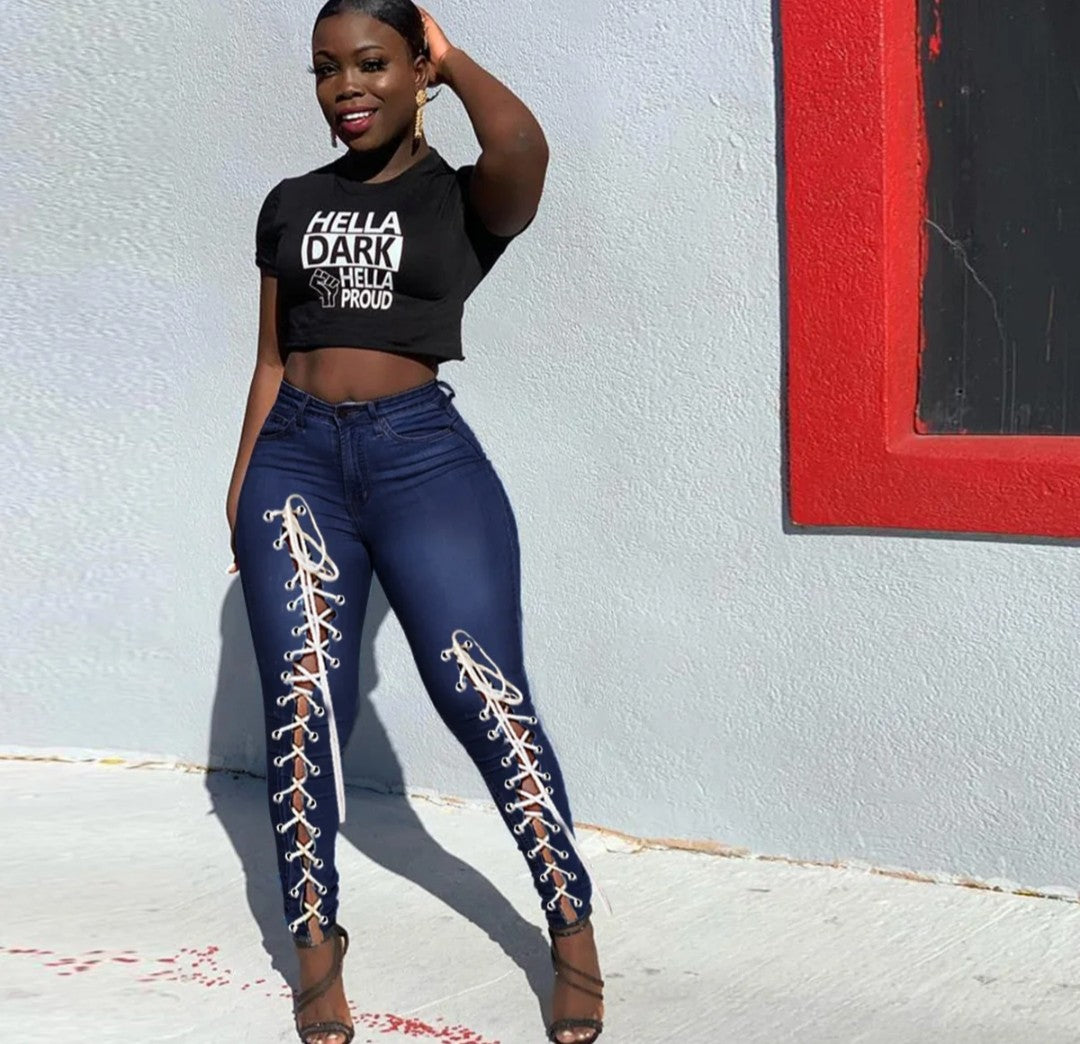 (Free Shipping)(Tariffs included in price) High waist plus size woman jeans eyelet bandage fashion tiny leg women skinny jeans