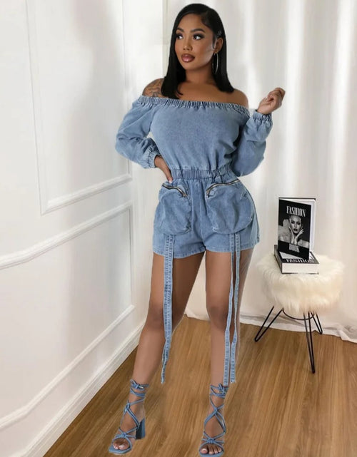 Load image into Gallery viewer, (Free Shipping)(Tariffs included in price) Wholesale popular trendy fall women clothes denim jeans off shoulder shorts jumpsuit

