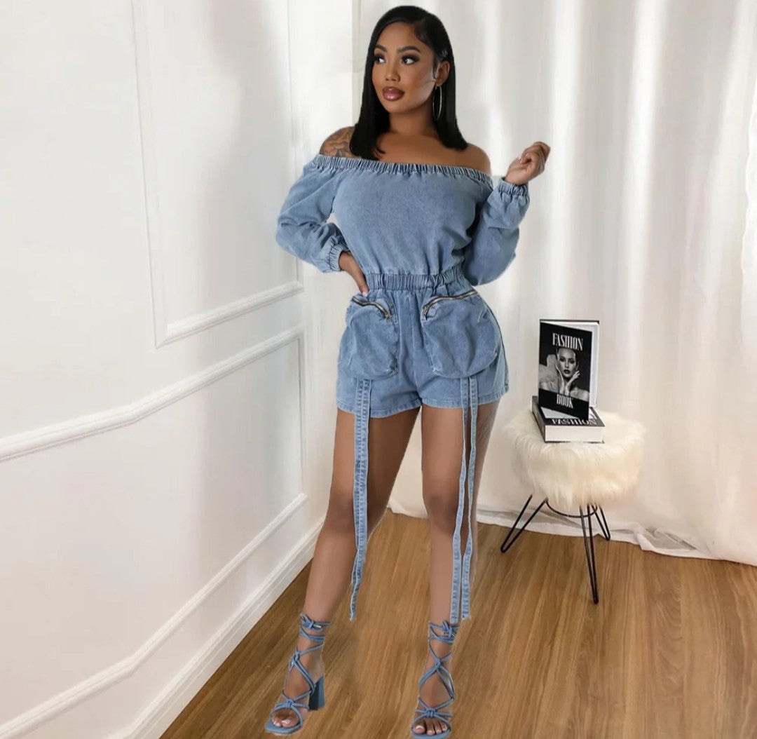 (Free Shipping)(Tariffs included in price) Wholesale popular trendy fall women clothes denim jeans off shoulder shorts jumpsuit