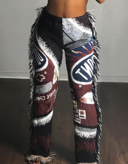 Load image into Gallery viewer, (Free Shipping)(Tariffs included in price) Hot Tassel Print Pants For  Women High Waist Skinny Straight Pants Casual Vintage Long Trousers
