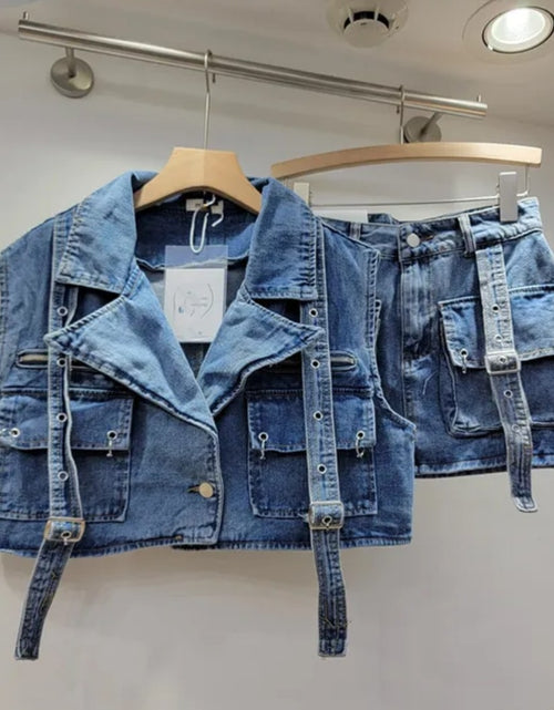 Load image into Gallery viewer, (Free Shipping) Women's denim clothes set vest and mini pocket skirt two-piece set for women denim cargo set
