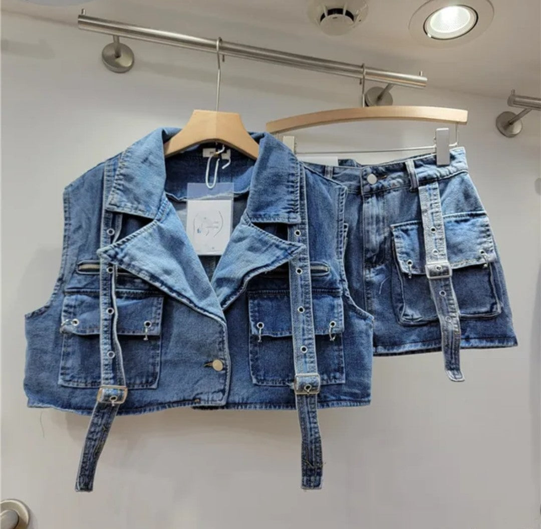 (Free Shipping) Women's denim clothes set vest and mini pocket skirt two-piece set for women denim cargo set