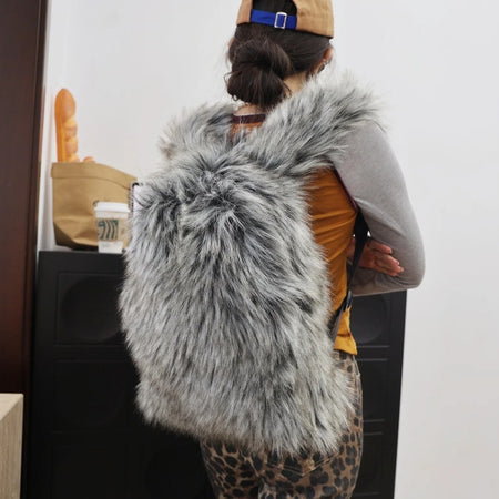 (Free Shipping) Furry Faux Fur Women's Luxury Designer Backpack Handbag Purses Women's Gradient Shoulder Bag Women's Rucksack