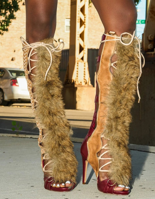 Load image into Gallery viewer, (Free Shipping) Furry High Heeled Open Pointed Toe Lace Up Hollow Stiletto Boots
