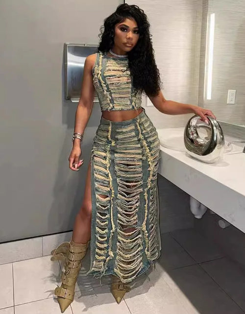 Load image into Gallery viewer, (Free Shipping)(Tariffs included in price) Ripped Jean Distressed Long Skirt Denim Set
