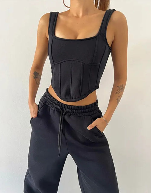 Load image into Gallery viewer, (Free Shipping)(Tariffs included in price) This three-piece women's set includes a short hoodie, small vest, and belted sweatpants, featuring anti-pilling, breathable, and quick-dry properties.
