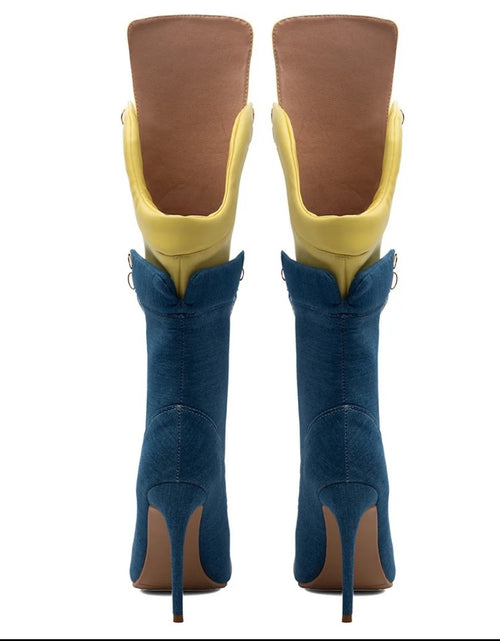 Load image into Gallery viewer, (Free Shipping) Sports Style Women's Jean Stiletto High- Heel Boots Lace Up Blue Yellow Patchwork Denim
