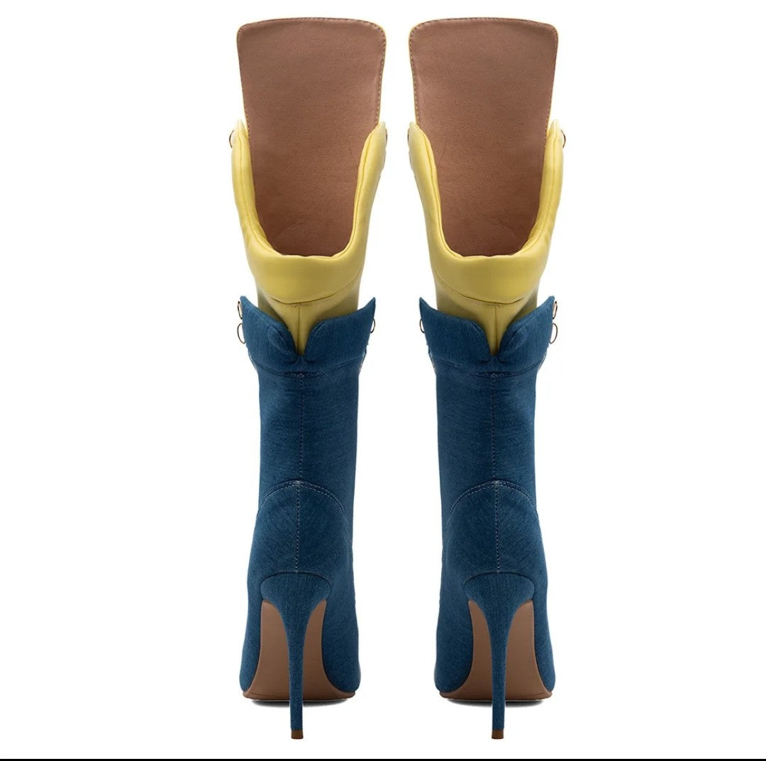 (Free Shipping) Sports Style Women's Jean Stiletto High- Heel Boots Lace Up Blue Yellow Patchwork Denim