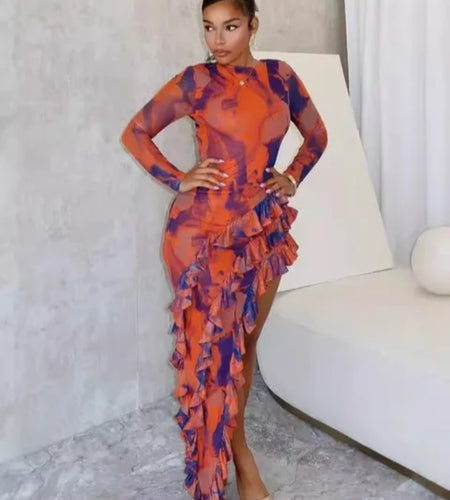 (Free Shipping)(Tariffs included in price) Women Fashion Printed dress Sexy Backless Irregular Split Skirt