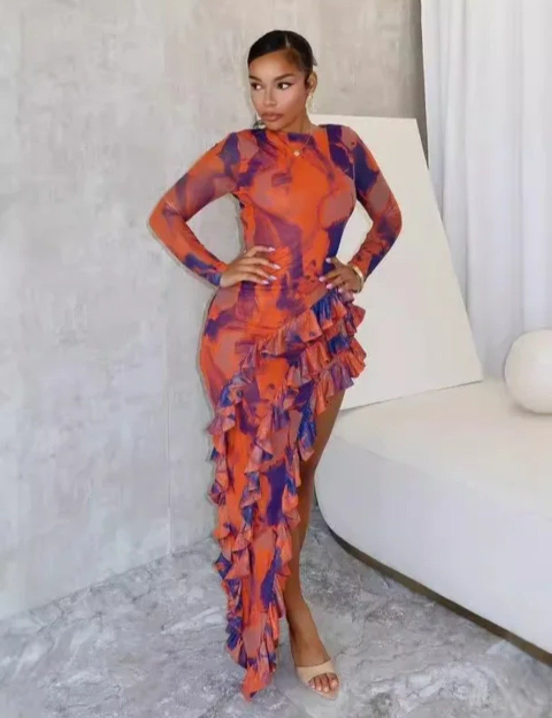 (Free Shipping)(Tariffs included in price) Women Fashion Printed dress Sexy Backless Irregular Split Skirt