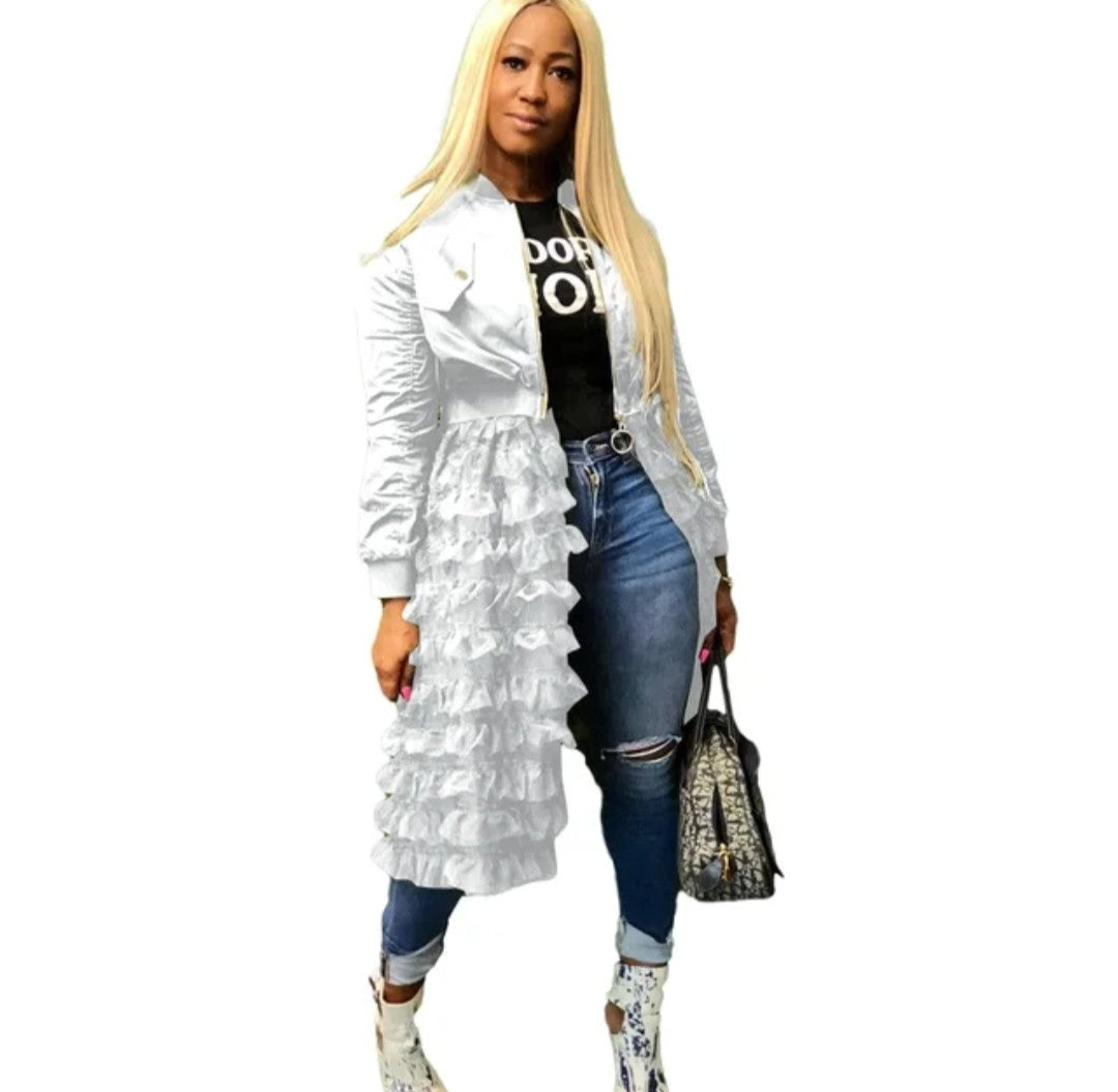 (Free Shipping)(Tariffs included in price) Spring fashion dress patch mesh ruffle woman zip long jacket coat