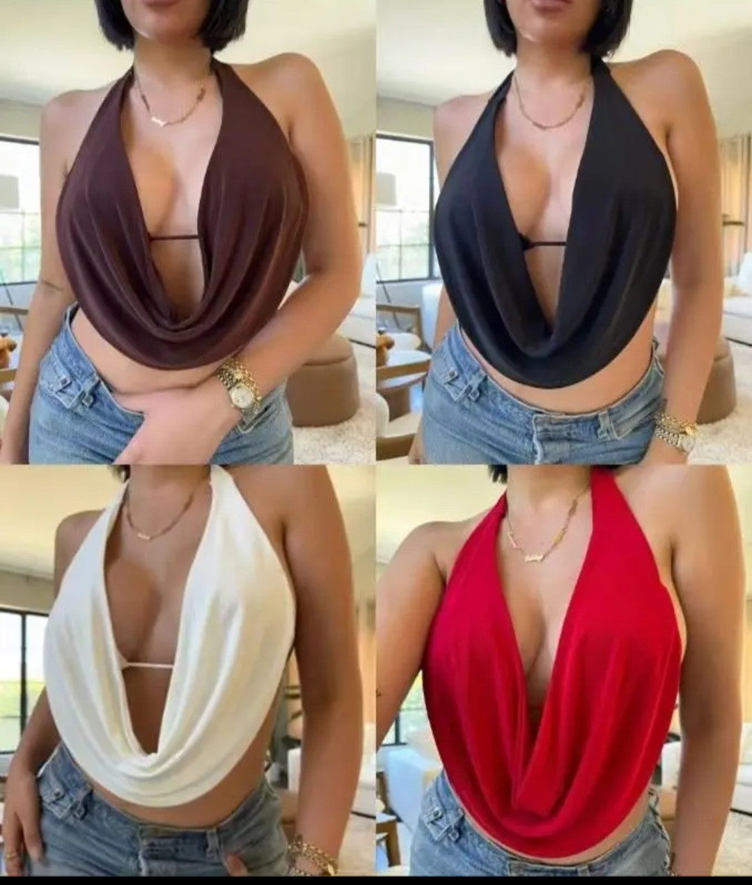 (Free Shipping)(Tariffs included in price) Women's Summer Halterneck Casual Front Draped Bandage Backless  Crop Tops