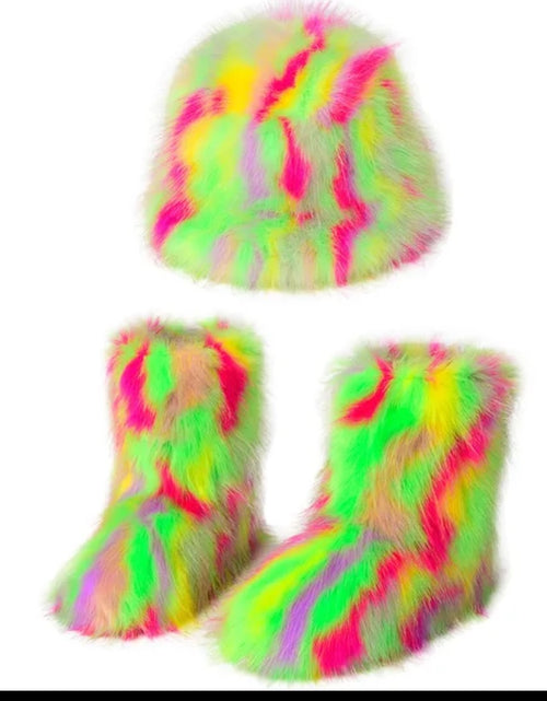 Load image into Gallery viewer, (Free Shipping)(Tariffs included in price) Winter Warm Women Fur Boot Woman Fluffy Faux Fur Fisherman Hat Set Ladies Plush Snow Boot
