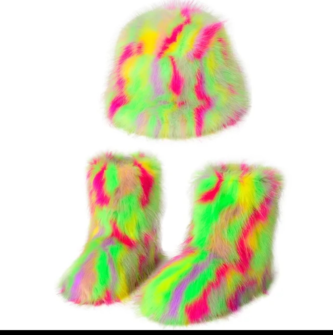 (Free Shipping)(Tariffs included in price) Winter Warm Women Fur Boot Woman Fluffy Faux Fur Fisherman Hat Set Ladies Plush Snow Boot