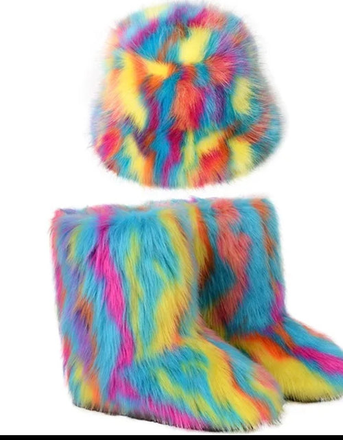 Load image into Gallery viewer, (Free Shipping)(Tariffs included in price) Winter Warm Women Fur Boot Woman Fluffy Faux Fur Fisherman Hat Set Ladies Plush Snow Boot
