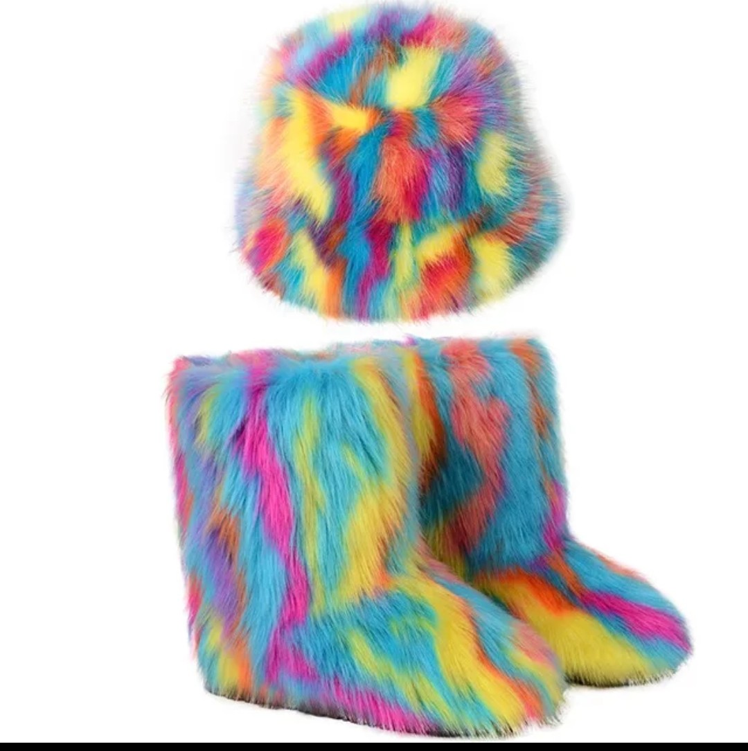 (Free Shipping)(Tariffs included in price) Winter Warm Women Fur Boot Woman Fluffy Faux Fur Fisherman Hat Set Ladies Plush Snow Boot