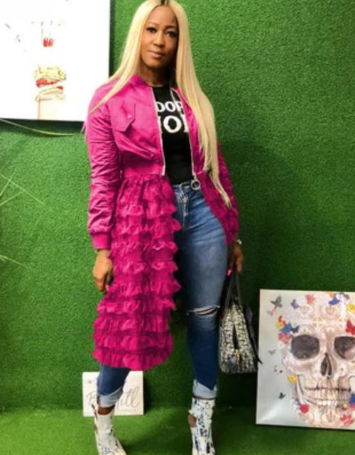 Load image into Gallery viewer, (Free Shipping)(Tariffs included in price) Spring fashion dress patch mesh ruffle woman zip long jacket coat
