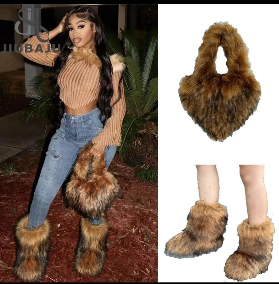 (Free Shipping)(Tariffs included in price) Girls Fluffy Faux Fox Fur Boots Winter Woman Plush Warm Snow Bootas Luxury Footwear Furry Fur Boots