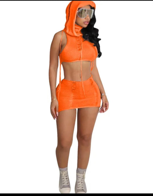 Load image into Gallery viewer, (Free Shipping)(Tariffs included in price) Women's Sleeveless Mini Knit Hooded Crop Vest And High Waist Skirt
