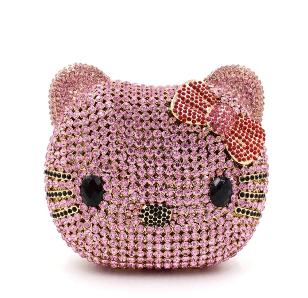 (Free Shipping)(Tariffs included in price) Kitty Head Anime Diamond Evening Clutch Rhinestone Bags New Gorgeous Unique Metallic Rhinestone Purses Wedding Clutches