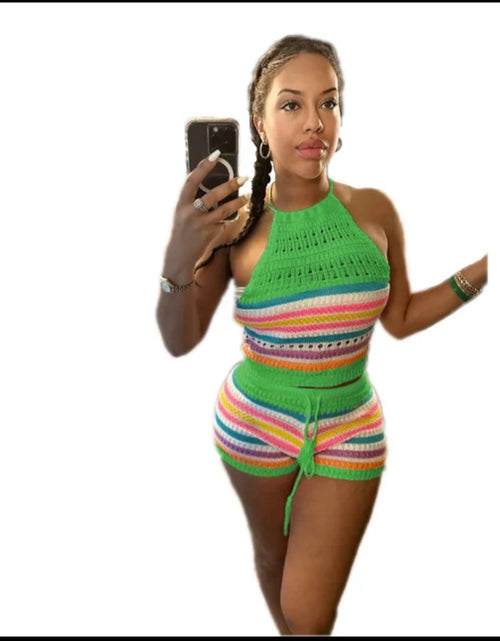 Load image into Gallery viewer, (Free Shipping)(Tariffs included in price) Summer 2Pcs for Women Striped Sleeveless Top &amp; Drawstring High Waist Shorts Set
