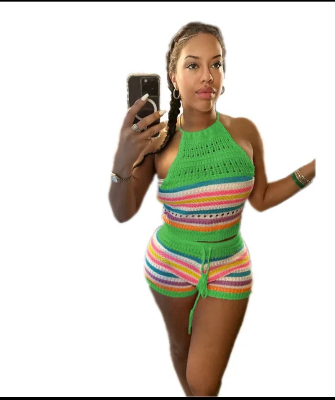 (Free Shipping)(Tariffs included in price) Summer 2Pcs for Women Striped Sleeveless Top & Drawstring High Waist Shorts Set