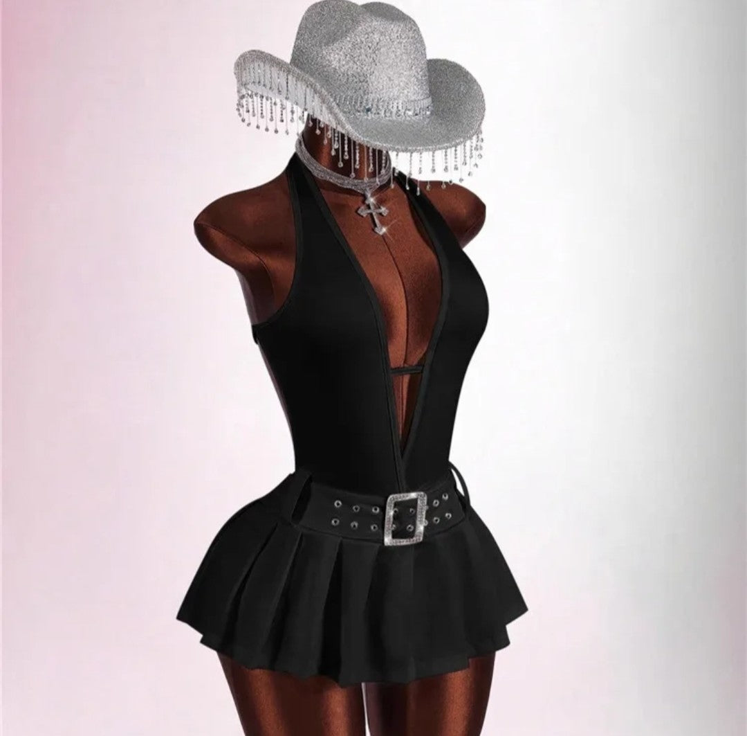 Fashion Deep V Backless A-line Mini Dresses Women Sleeveless Backless Lace up Slim Pleated Dress