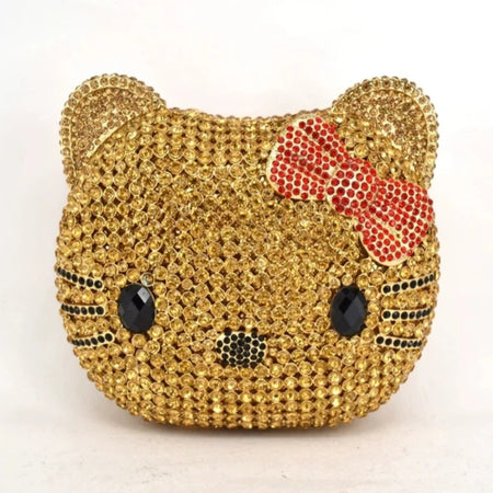 (Free Shipping)(Tariffs included in price) Kitty Head Anime Diamond Evening Clutch Rhinestone Bags New Gorgeous Unique Metallic Rhinestone Purses Wedding Clutches