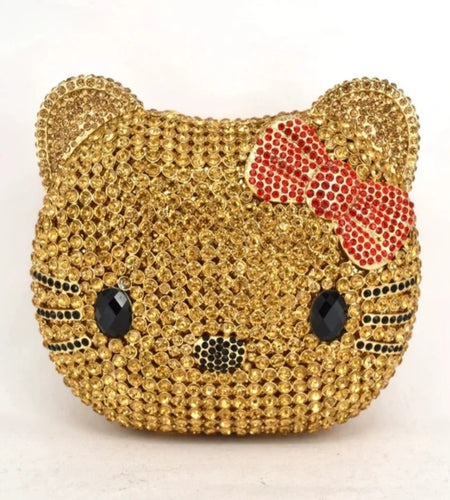 (Free Shipping)(Tariffs included in price) Kitty Head Anime Diamond Evening Clutch Rhinestone Bags New Gorgeous Unique Metallic Rhinestone Purses Wedding Clutches