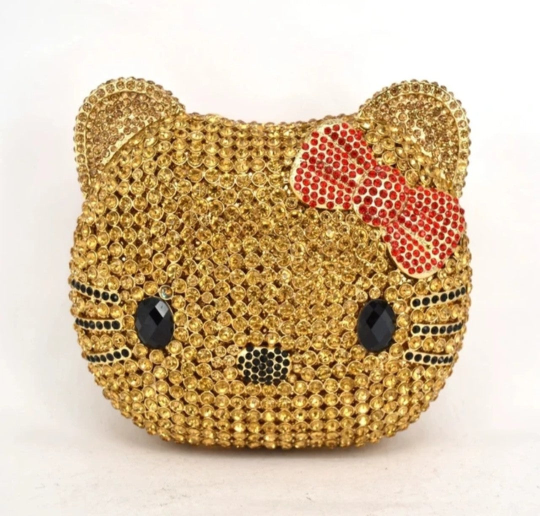 (Free Shipping)(Tariffs included in price) Kitty Head Anime Diamond Evening Clutch Rhinestone Bags New Gorgeous Unique Metallic Rhinestone Purses Wedding Clutches