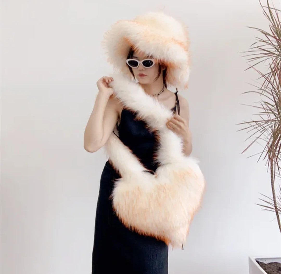 (Free Shipping)(Tariffs included in price)Designer Women's Luxury Furry Racoon Handbag Faux Fur Hat and Bag