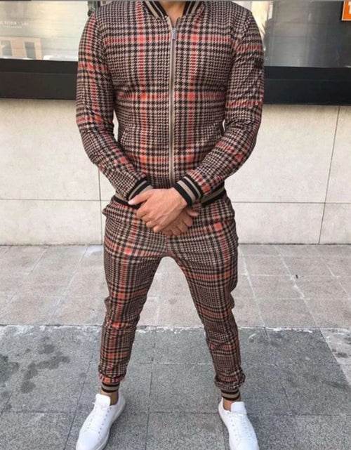 Load image into Gallery viewer, (Free Shipping)(Tariffs included in price) Men's Fashion Printed Comfortable Plaid Jogging Suit Casual Leisure Sports Set
