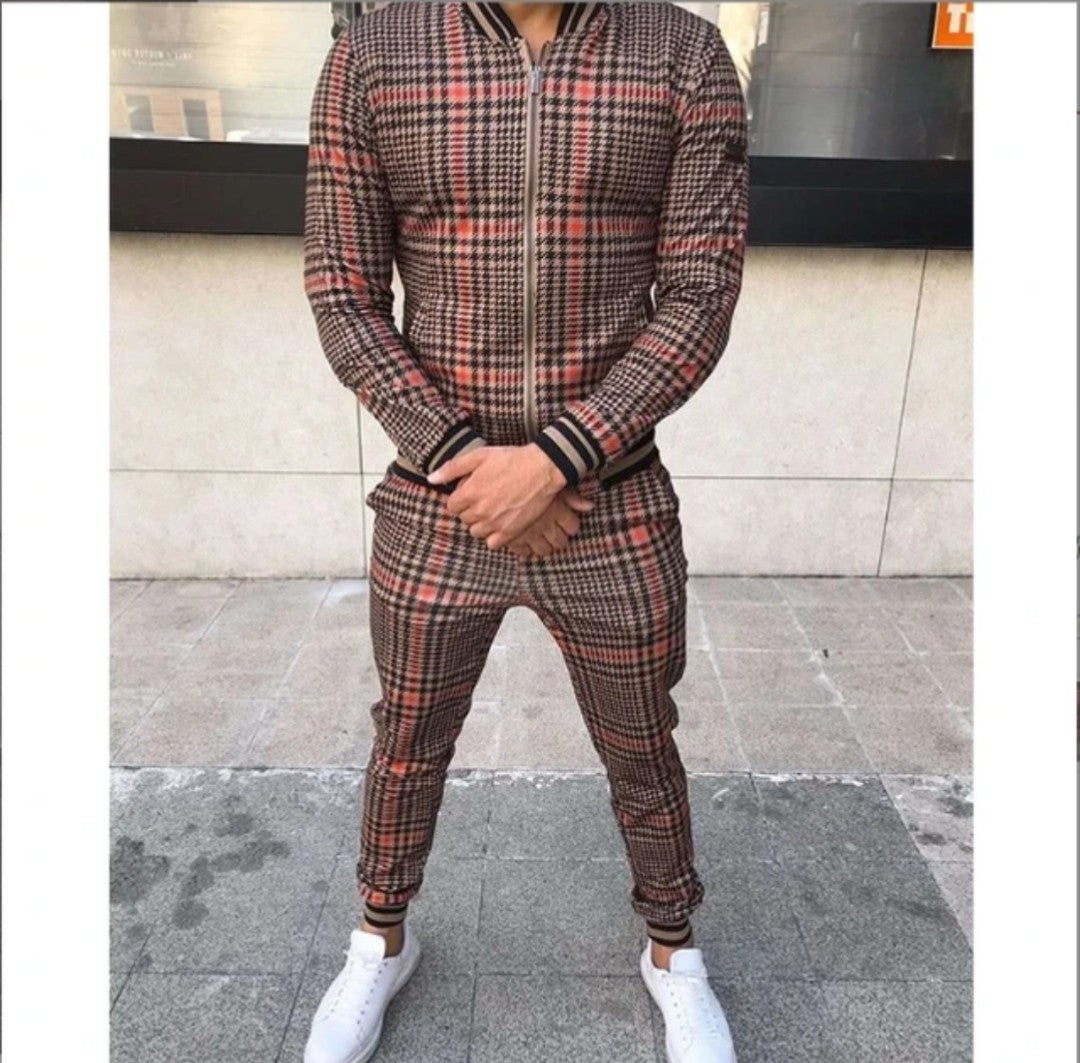 (Free Shipping)(Tariffs included in price) Men's Fashion Printed Comfortable Plaid Jogging Suit Casual Leisure Sports Set
