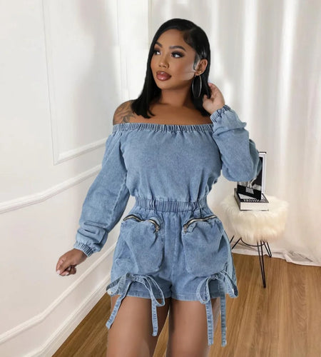(Free Shipping)(Tariffs included in price) Wholesale popular trendy fall women clothes denim jeans off shoulder shorts jumpsuit