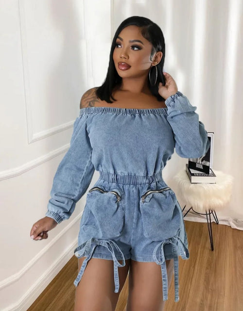Load image into Gallery viewer, (Free Shipping)(Tariffs included in price) Wholesale popular trendy fall women clothes denim jeans off shoulder shorts jumpsuit

