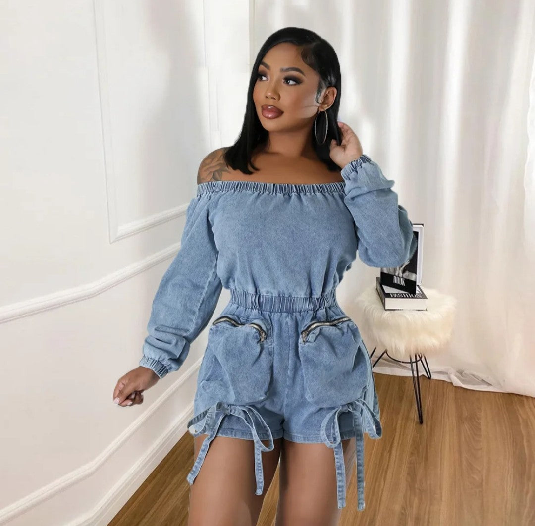 (Free Shipping)(Tariffs included in price) Wholesale popular trendy fall women clothes denim jeans off shoulder shorts jumpsuit