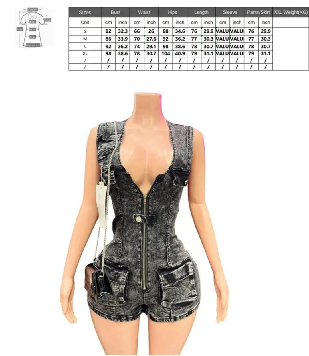 (Free Shipping)(Tariffs included in price) Sexy Sleeveless Denim Rompers Women Button Zipper Cargo Pockets