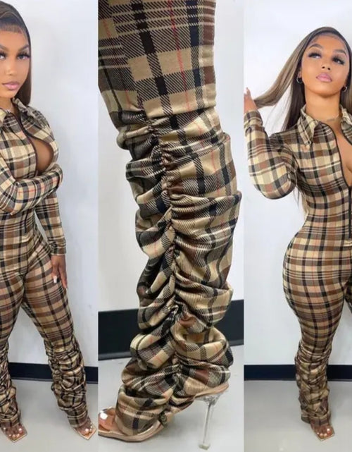 Load image into Gallery viewer, (Free Shipping)(Tariff included in price) Summer jumpsuit for women trendy plaid pattern high waistline, skinny fit, and zipper detail.

