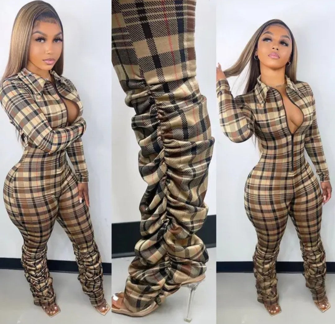 (Free Shipping)(Tariff included in price) Summer jumpsuit for women trendy plaid pattern high waistline, skinny fit, and zipper detail.