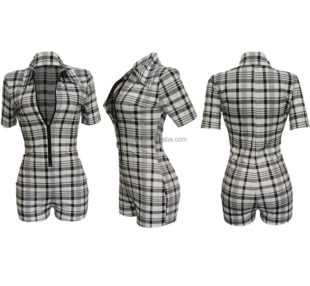 (Free Shipping)(Tariffs included in price) Summer plaid pattern short jumper set short sleeve Romper for women
