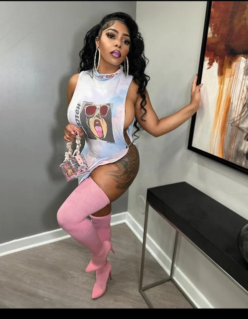 Load image into Gallery viewer, (Free Shipping)(Tariffs included in price) HigH Neck Letter Print Sexy Hollow Sleeveless Tank Dress Spicy Girl Loose T-shirt For Women
