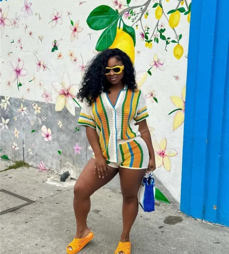 (Free Shipping)(Tariffs included in price) Women's Set Striped Knitted Short Sleeve Button Shirt and Shorts