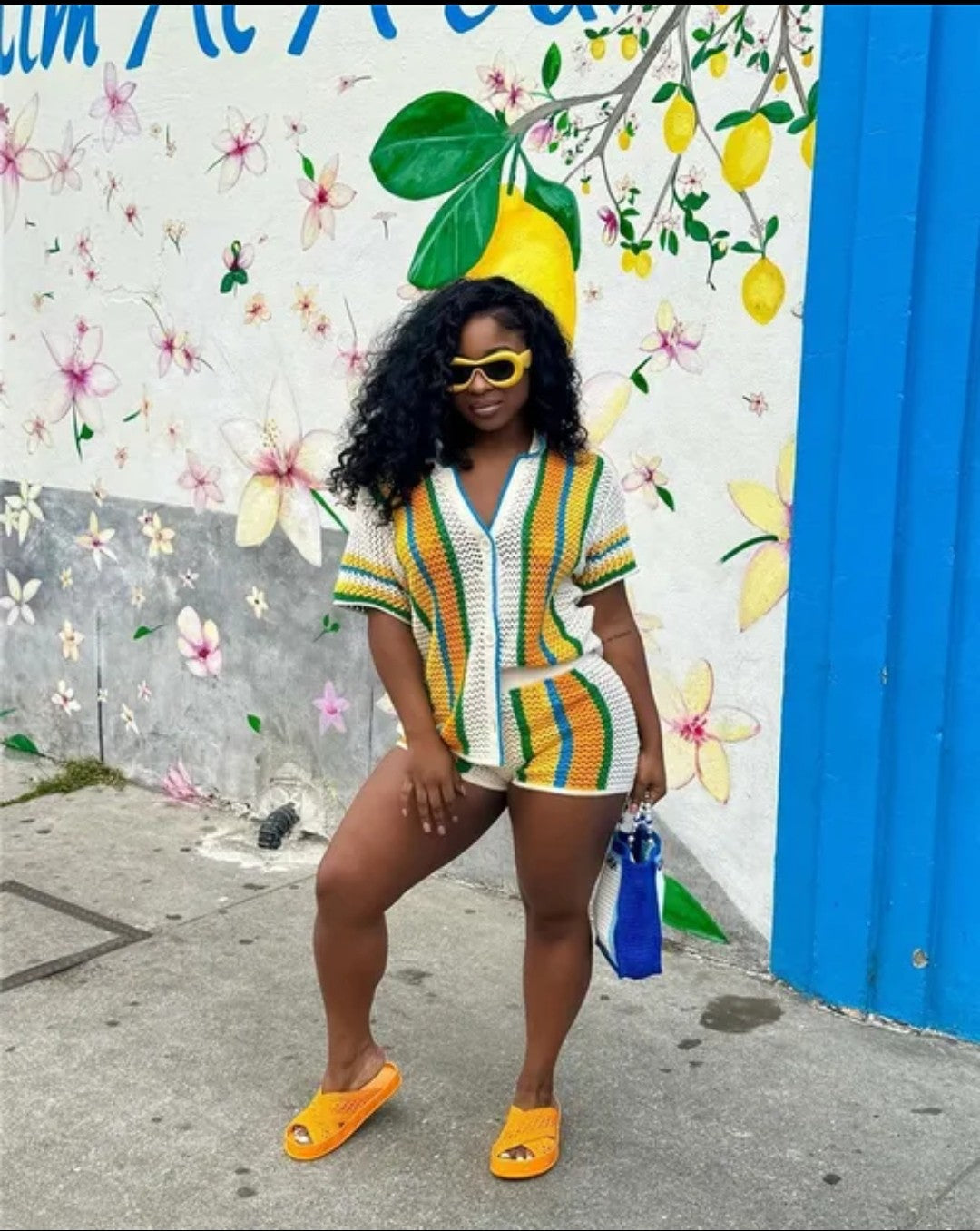 (Free Shipping)(Tariffs included in price) Women's Set Striped Knitted Short Sleeve Button Shirt and Shorts